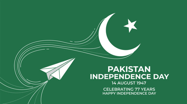 Pakistan independence day greeting card design with paper plane and crescent moon, 14th august 1947 celebration, 77 years anniversary