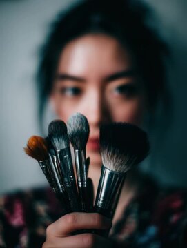 Makeup artist shows makeup brushes and shares tips on application indoors in a well-lit space