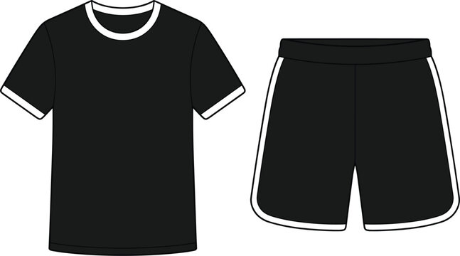 Black Activewear Sportswear Uniform Mockup Set with Crew Neck Ringer T Shirt and Matching Athletic Running Shorts Template for Custom Apparel Designs