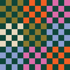 Fototapeta premium Multicoloured checkerboard seamless repeat with shifting colour zones. Seamless abstract pattern with colored squares in a classic checker grid. Colour blocks transition gradually across the repeat