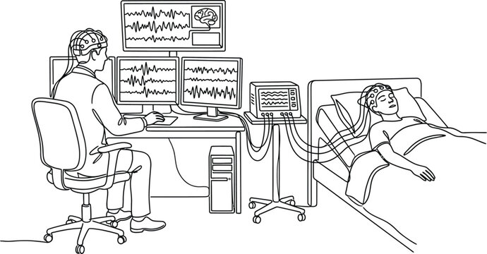 Medical EEG Brain Scan Test: Doctor Monitors Patient's Brain Activity on Computer