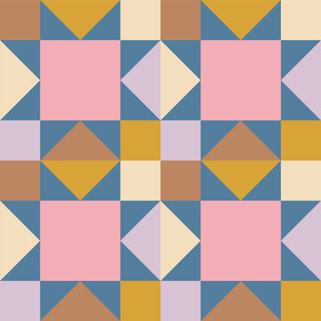 Geometric quilt block seamless pattern built from squares, triangles and diamonds. Patchwork traditional tile in a modern style and colors. Bold colour-blocked forms texture. Retro-inspired design