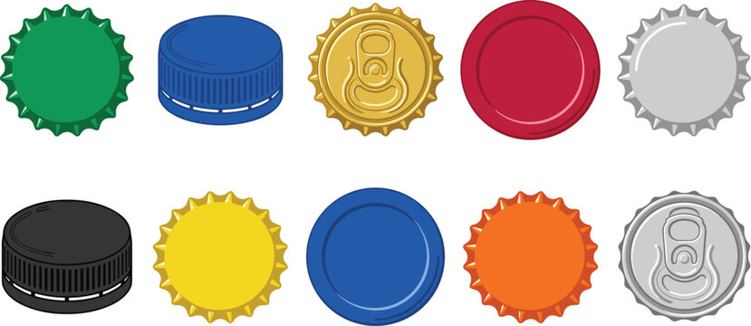 Colorful Bottle Cap and Beverage Can Lid Vector Set with Metal Crown Caps Plastic Screw Tops and Aluminum Ring Pulls for Packaging Designs