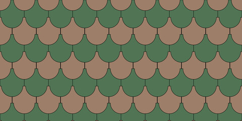 Seamless Fish Scale Roof Tile Pattern — Green Brown Traditional Scallop Texture Background Design © dani