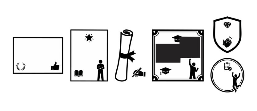 Certificate graduation icon vector set illustrating academic success and achievement templates featuring customizable frames, diplomas, star awards, shield badges, and celebratory stick figures.