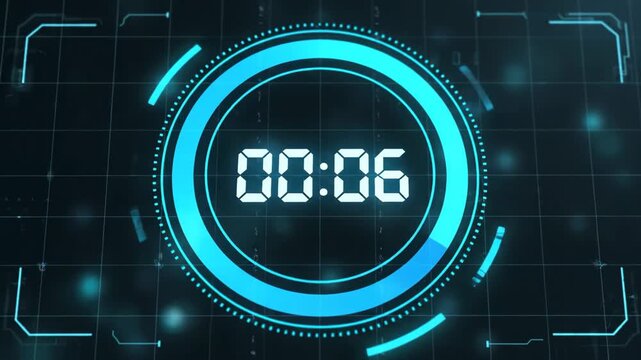 Glowing blue circular digital countdown timer with futuristic hud elements for precise time tracking tasks