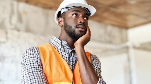 Worker is thinking while waiting at a construction site on a sunny day in the city