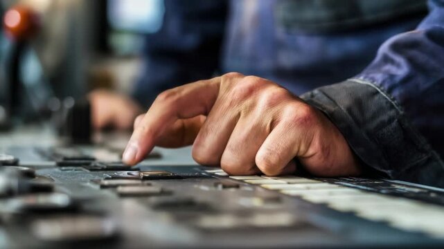 Operator works on control panel in production facility during daytime in industrial setting