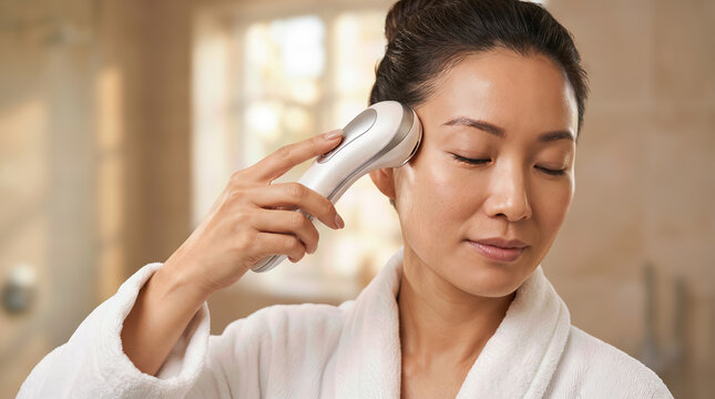 Electric massager held by Asian woman in white bathrobe applying it to her face in a bright bathroom with natural light streaming through the window