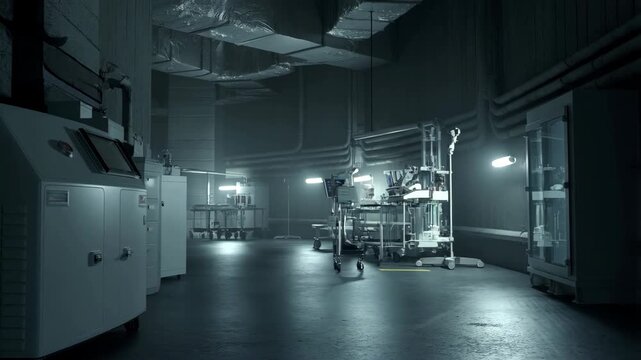 Laboratory Room with Medical Equipment and Machinery in a Sterile, Dimly Lit Underground Facility, Featuring Industrial Pipes and Fluorescent