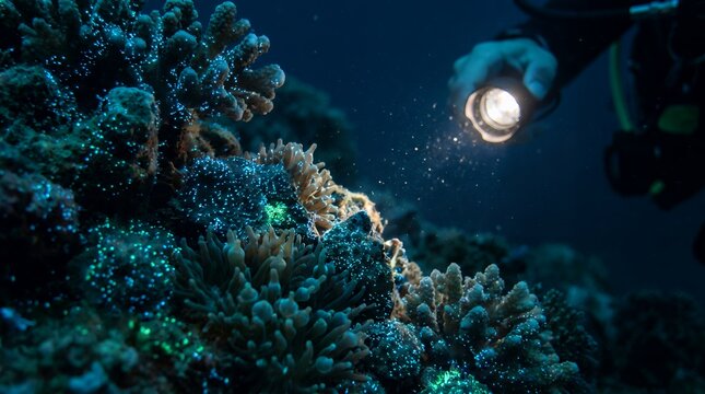 Scuba diver illuminates vibrant coral reef teeming with life