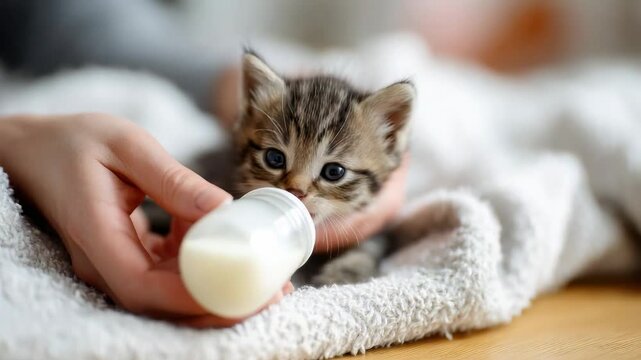 Small kitten drinks milk from bottle while being held by a hand on soft blanket