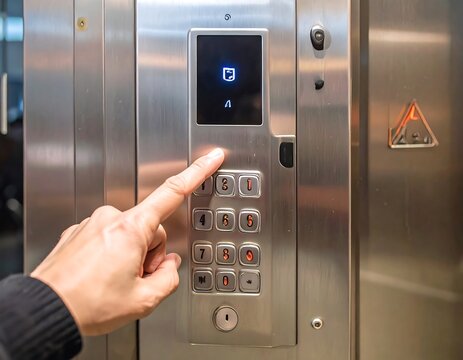 Close-up of a hand pressing a button on a modern elevator control panel made of stainless steel