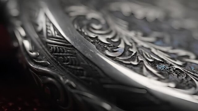 Closeup Macro Shot of Ornate Silver Engraving Detail.
