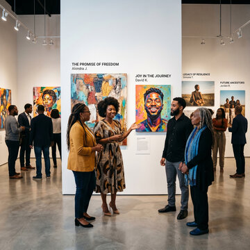 Juneteenth art exhibit showcasing Black artists and community members engaging with contemporary paintings and photography in a modern gallery space for cultural celebration