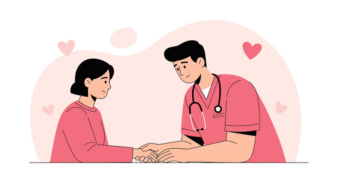 Caring doctor holding patient's hand, providing comfort and support in healthcare setting.