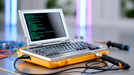 Fototapeta premium Retro portable computer with programming code and soldering iron on workbench, vintage technology concept with electronics repair tools and hacker workspace