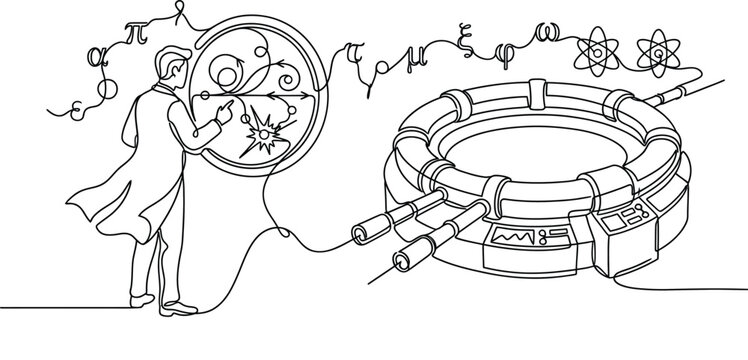 Scientist studies particle physics experiment with accelerator and equations