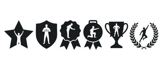 Fototapeta premium Success achievement award icons set featuring black silhouettes inside trophy star medal shield and laurel wreath representing leadership victory and goal completion. Isolated graphic design elements.