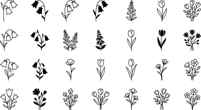 Set of hand-drawn floral icons featuring tulips, bellflowers, and various delicate spring garden flower bouquets in simple outline and silhouette styles