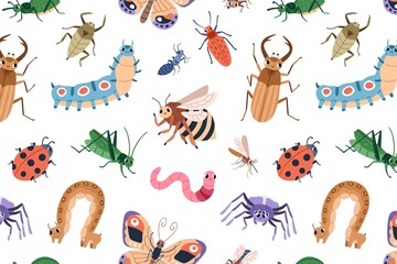 Colorful hand-drawn cartoon insects and bugs on white background vector illustration © Siddiqui