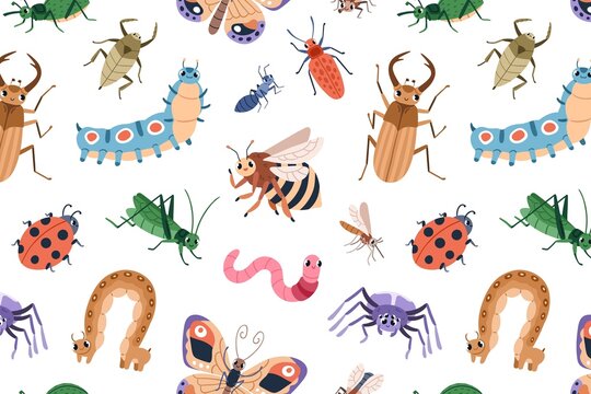 Colorful hand-drawn cartoon insects and bugs on white background vector illustration