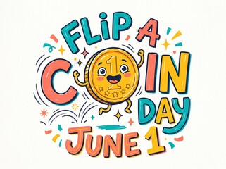 Fototapeta premium Playful Coin Character with Hand Drawn Typography Illustration – Flip Coin Day Concept June 1 Fun Vector Design
