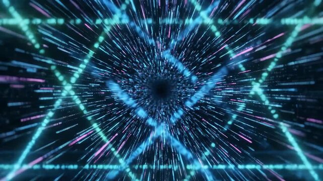 Fast moving particles create a glowing light tunnel with a geometric star shape in deep space