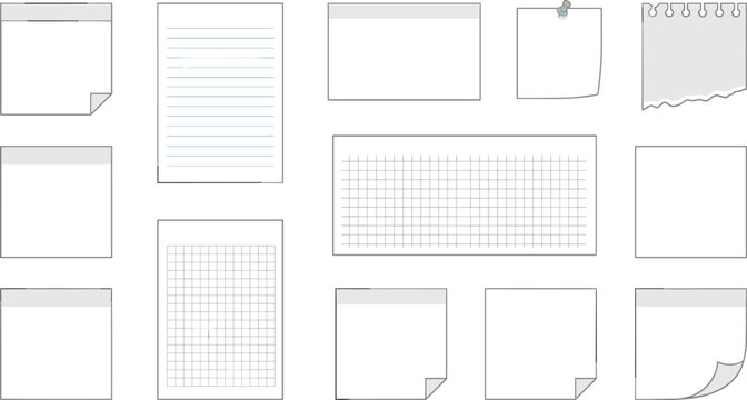 White Office Sticky Note and Blank Notepad Paper Vector Set with Lined Sheets Grid Planners Spiral Ripped Pages and Folded Corner Memos for Stationery Designs