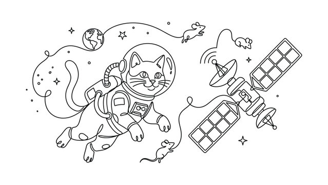 A cat in a space suit floating in outer space with satellites.