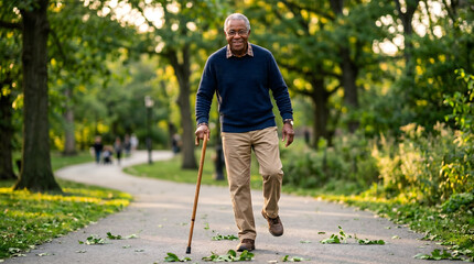 Fototapeta premium Senior man walking with cane on leafy park path in warm sunny lighting for health and wellness