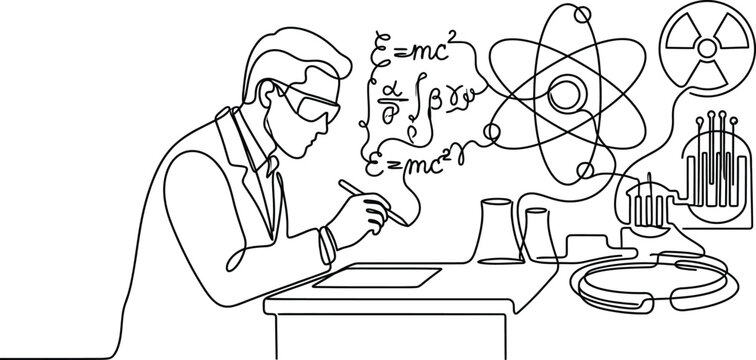 Scientist working at desk with physics formulas and atomic model