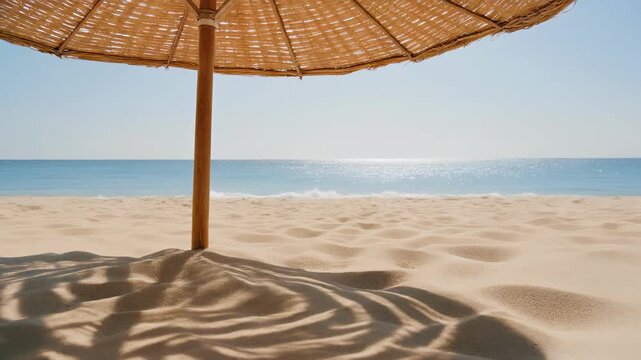 Beach umbrella casting shadow on sandy shore with calm ocean in background