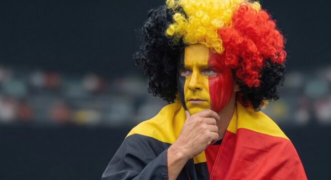 Tense Belgium soccer fan with painted face and wig watching a match. Anxious Belgian supporter. Perfect for 2026 World Cup football concepts, sports anxiety, and tournament anticipation