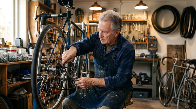 Mature man repairing bicycle wheel in cluttered workshop with warm natural lighting for DIY or maintenance