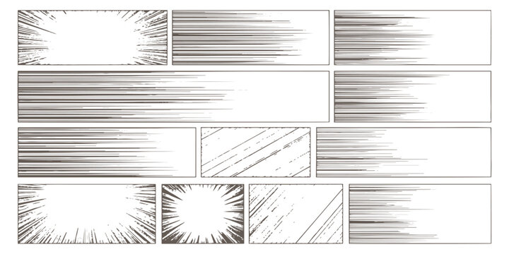 Comic book speed lines motion blur manga action rays horizontal burst background template vector illustration.
