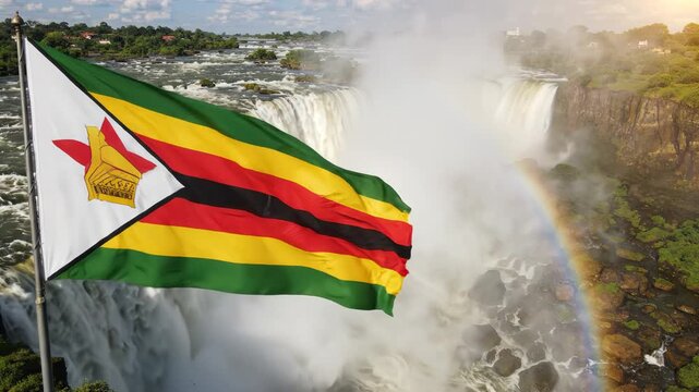 Zimbabwe flag at waterfall with rainbow