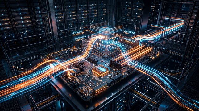 High tech server room motherboard processing large data volumes through routing hubs with fast optical fiber links illustration digital network architecture hosting terminal infrastructure