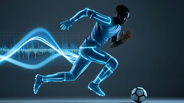 Soccer player running with a futuristic statistics graph overlay, sports performance data visualization concept, with copy space