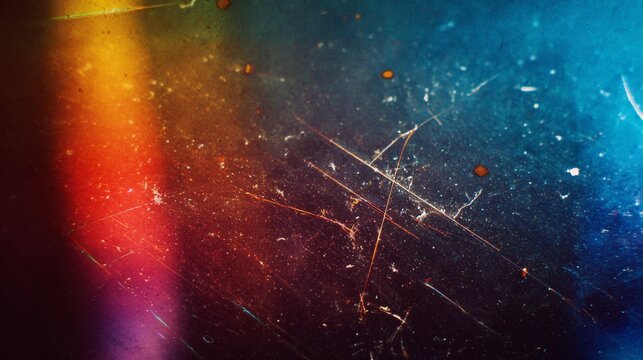A vibrant overlay texture of vintage 35mm film scratches, dust specks, and colorful light leaks on a dark background for creative stock use