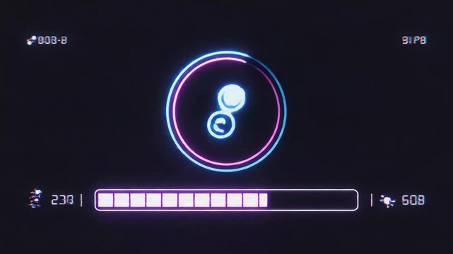 Futuristic glowing neon circle loading interface with glitch distortion effects and data telemetry display bars