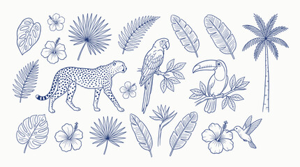 Vintage tropical jungle animal and botanical line art set, blue hand drawn cheetah and exotic birds, 21 vector elements for summer branding © DesignAura