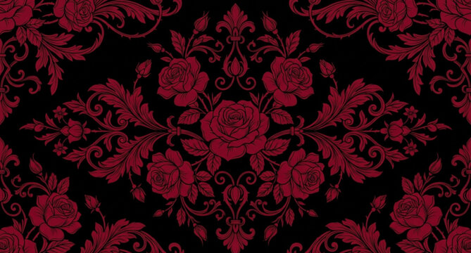 Elegant gothic dark red floral pattern vector with roses on black background