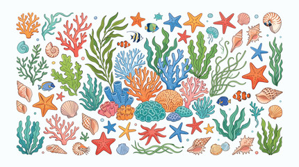 Underwater coral reef vector elements, colorful sea life collection with tropical fish and starfish, hand drawn marine seaweed and shells set © DesignAura