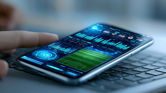 Smartphone showing live soccer data and statistics app, mobile sports analytics concept, with copy space