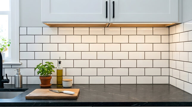 Modern Kitchen Interior with White Subway Tile Backsplash | Dark Marble Countertop with Fresh Basil and Olive Oil | Contemporary Home Decor and Renovation Ideas | Minimalist Culinary Workspace