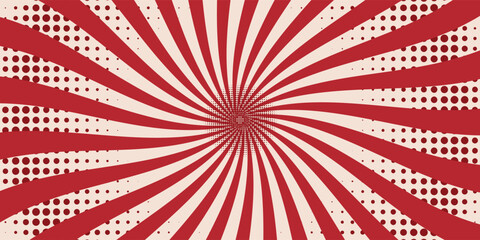 Red comic sunburst effect background with halftone dots. Vintage carnival circus pattern with radial lines. Pop art 70s retro design poster. Vector illustration © achtopik
