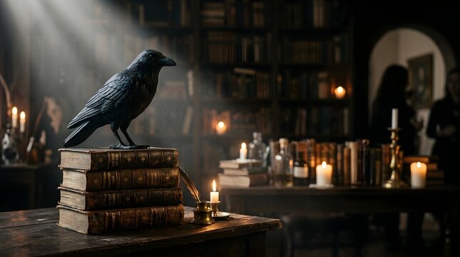 Black crow perched on antique books in a dark library with candles
