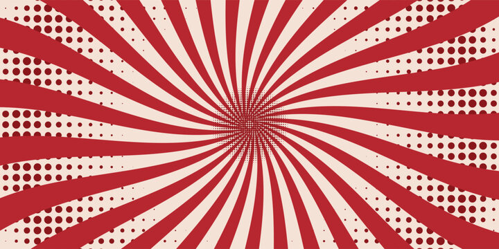 Red comic sunburst effect background with halftone dots. Vintage carnival circus pattern with radial lines. Pop art 70s retro design poster. Vector illustration