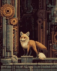 Naklejka premium Pixel art fox stands in steampunk alleyway. Gears and metal pipes surround it. Copper and rust tones dominate scene. Fox watches surroundings with alertness